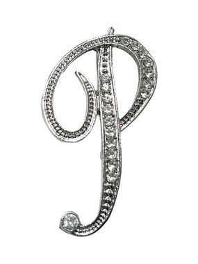 Brooch Rhinestone Script Letter P, NIP, rhinestones on silver tone base